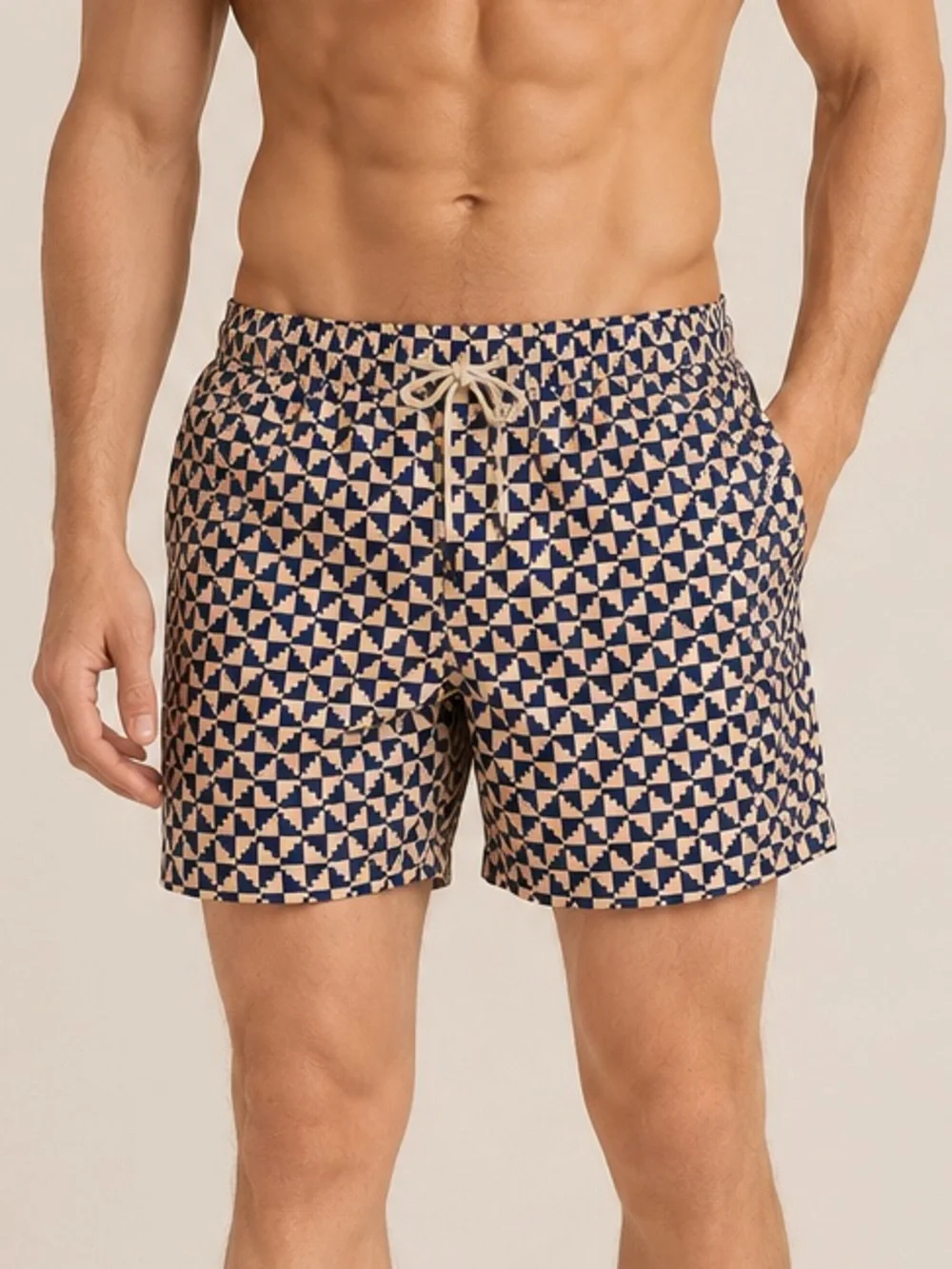 OAS Puzzle Print Lined Swim Shorts Tan Navy Blue Size Large